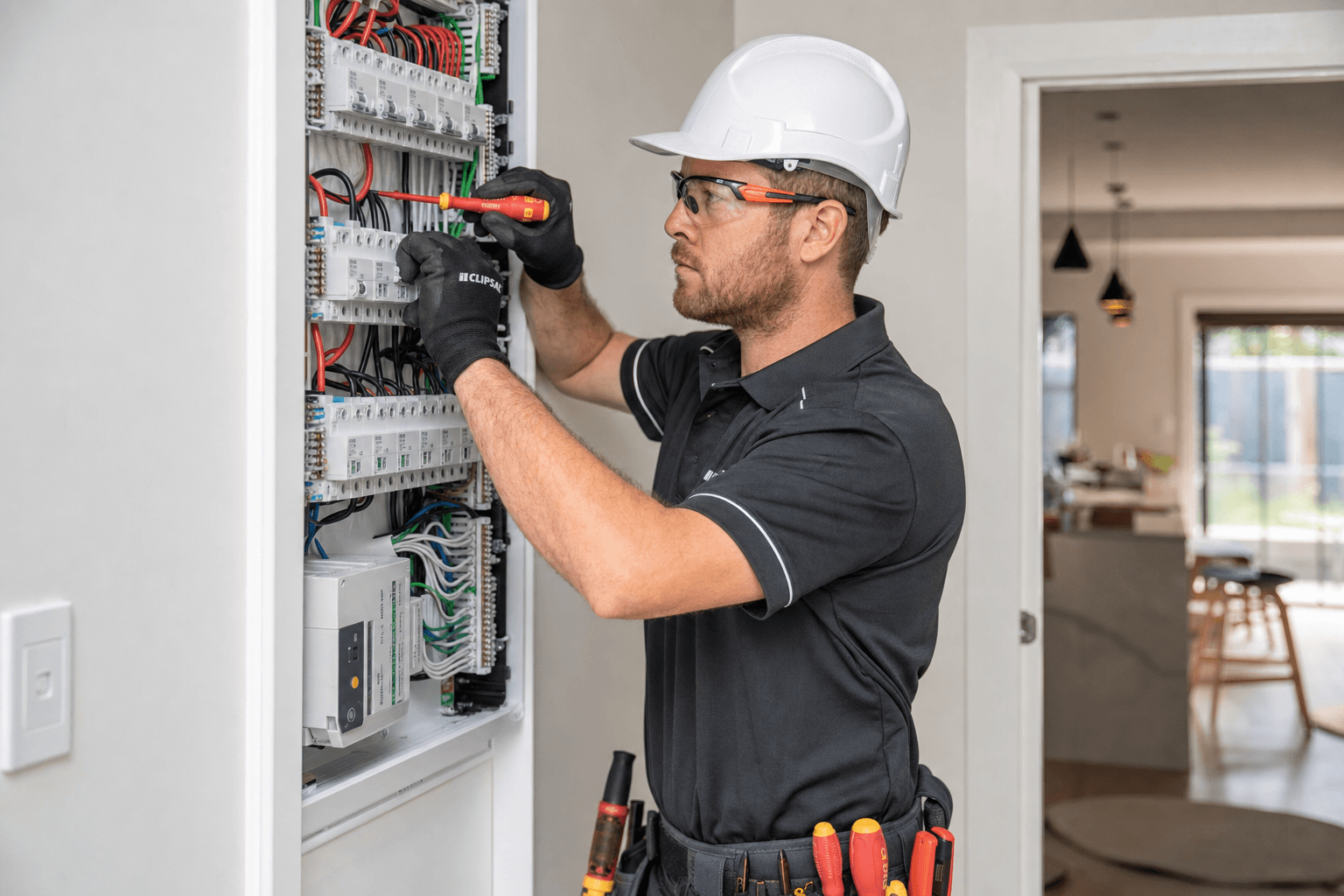 KeyTrade electrician working on electrical panel in a Sydney home