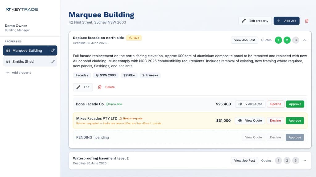 KeyTrade owner dashboard showing properties, job posts, and tradesperson quotes with pricing