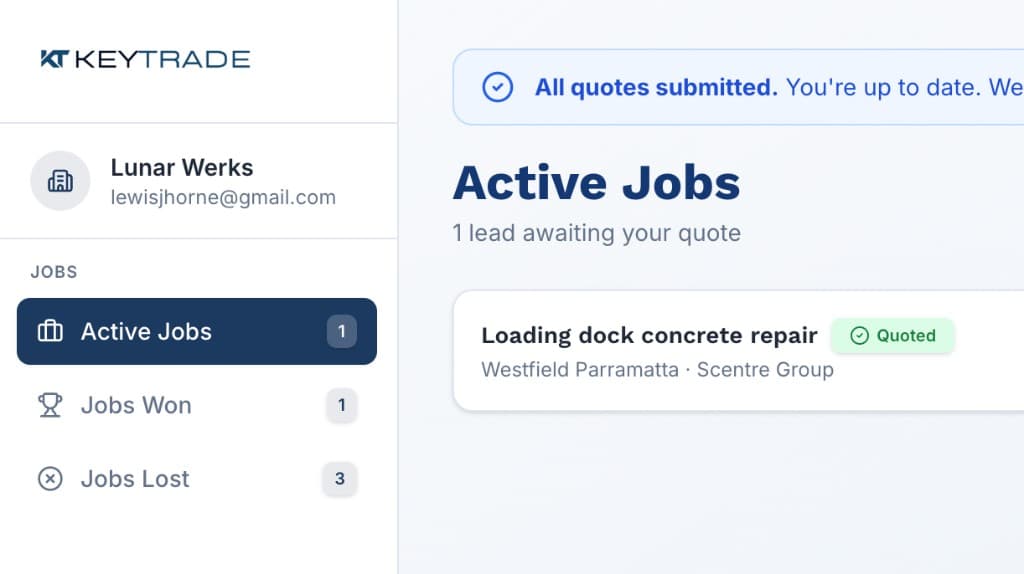 Tradie portal — active jobs, quotes, and job outcomes